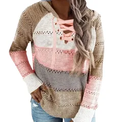 Women's Fashion Temperament Colour Matching Hooded Long-sleeved Sweater - Khaki - View 1
