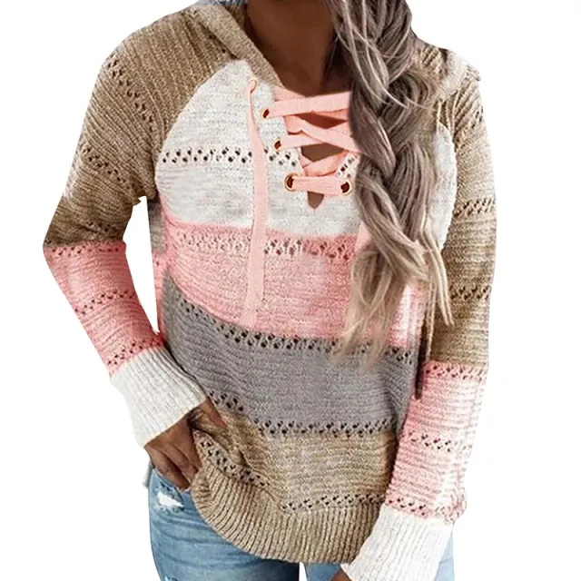 Women's Fashion Temperament Color Matching Hooded Long sleeved Sweater Khaki - Shop at LoveMi