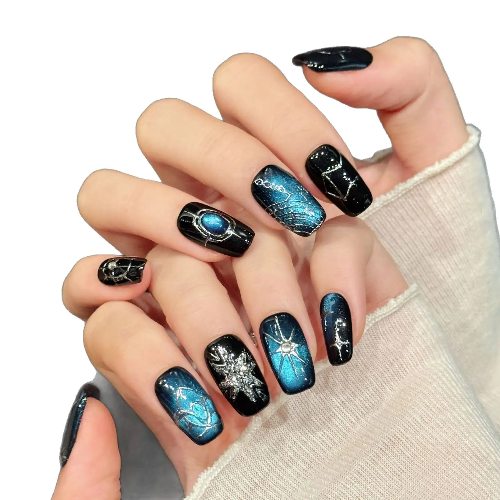 Wearable Nails Dark-themed Deep Blue Cat-eye Nail Tips