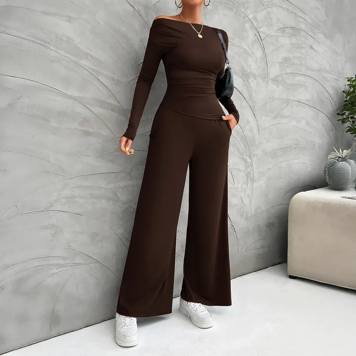 Women's Clothing Fashionable Fitted Long Sleeve Top Suit - Brown
