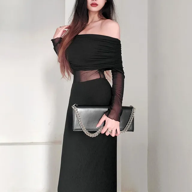 Women's Winter Sexy Off the shoulder Pleated Long Sleeve Polyester Dress Black - Shop at LoveMi