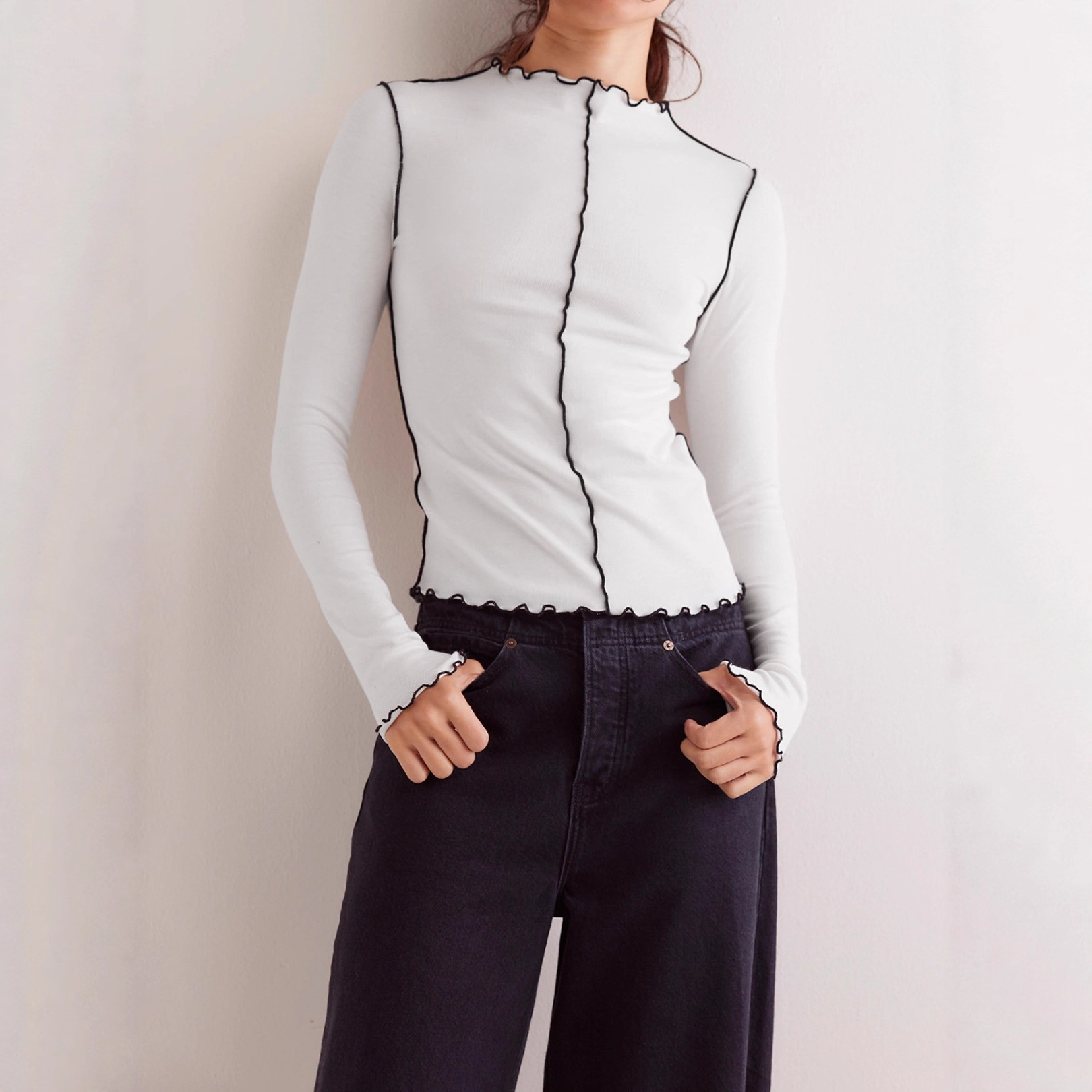 Color-Block Curling Fake Collar Long-Sleeve Versatile Womens Shirt