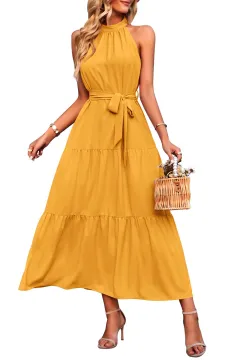 Halter Lace-up Casual Loose Stitching Dress - Yellow - View 1