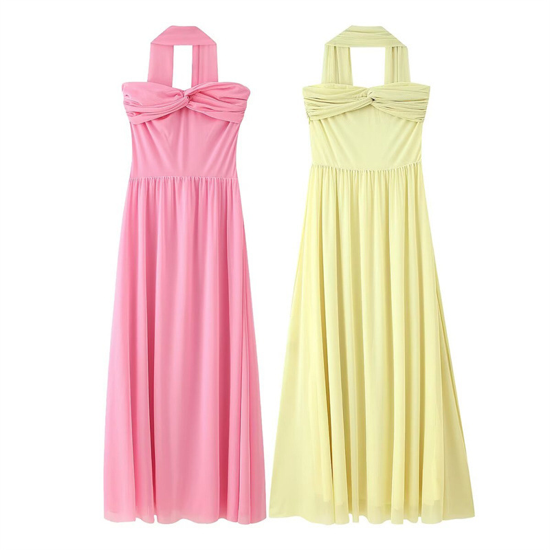 Two-color Mesh Tube Top Ribbon Ribbon Halter Dress
