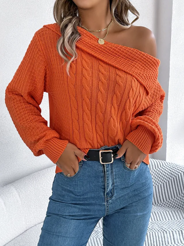 Lapel Off the shoulder Twist Long Sleeve Pullover Orange - Shop at LoveMi
