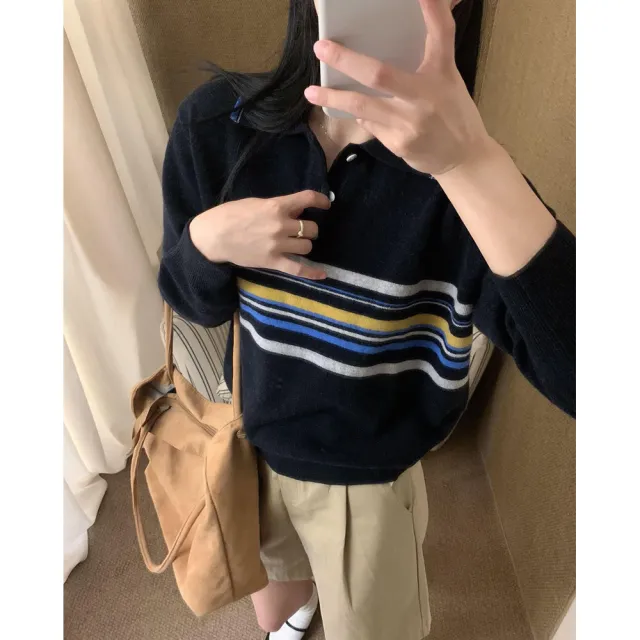 Striped Polo Collar Pullover Women's Loose Sweater Navy Blue - Shop at LoveMi