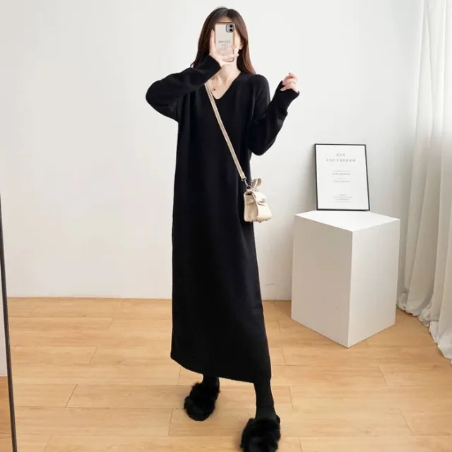 Womens Relaxed Minimalist Knee Length Knit Dress Black - Shop at LoveMi
