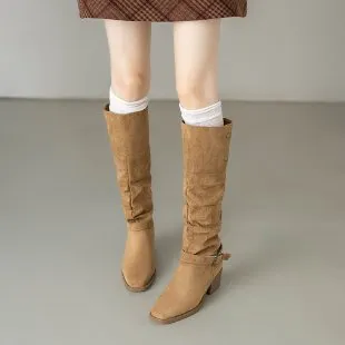 Chunky Heel Wrinkled Stacked Ankle Martin Boots Khaki - Shop at LoveMi