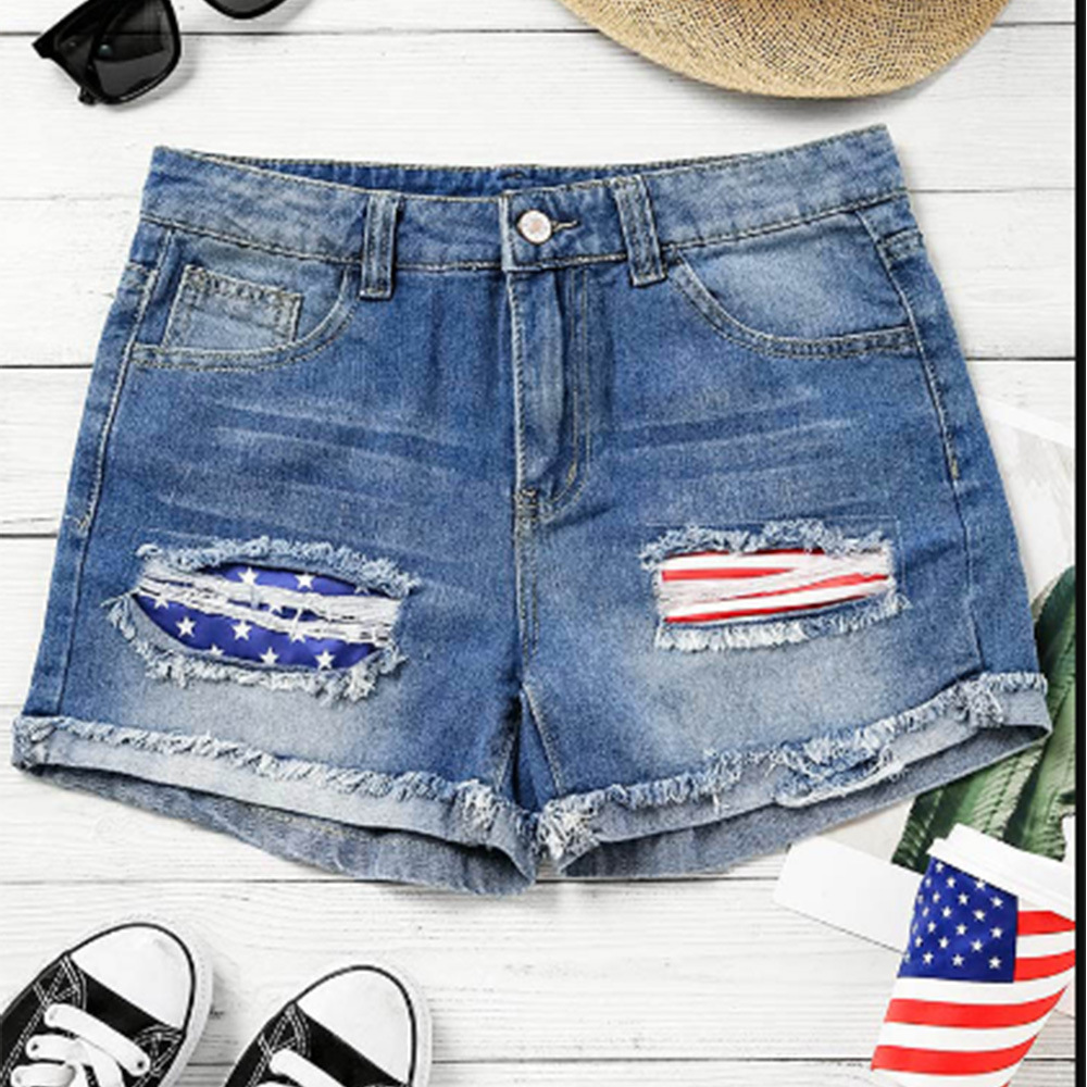 Flag Printed Patch Denim Shorts Blue - Shop at LoveMi