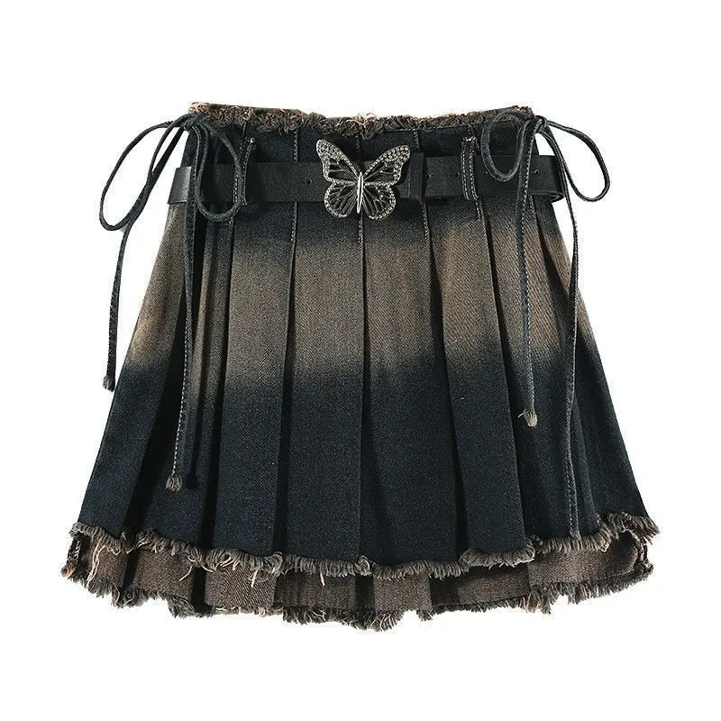 One-piece Denim Skirt Sexy Slim Fit Slimming Small Street Pleated Skirt - Skirt With Belt