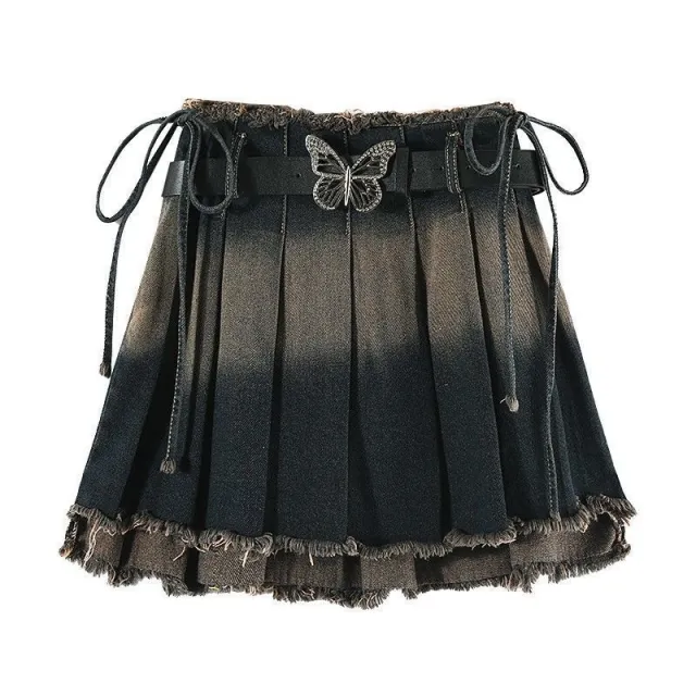 One piece Denim Skirt Sexy Slim Fit Slimming Small Street Pleated Skirt Skirt With Belt - Shop at LoveMi