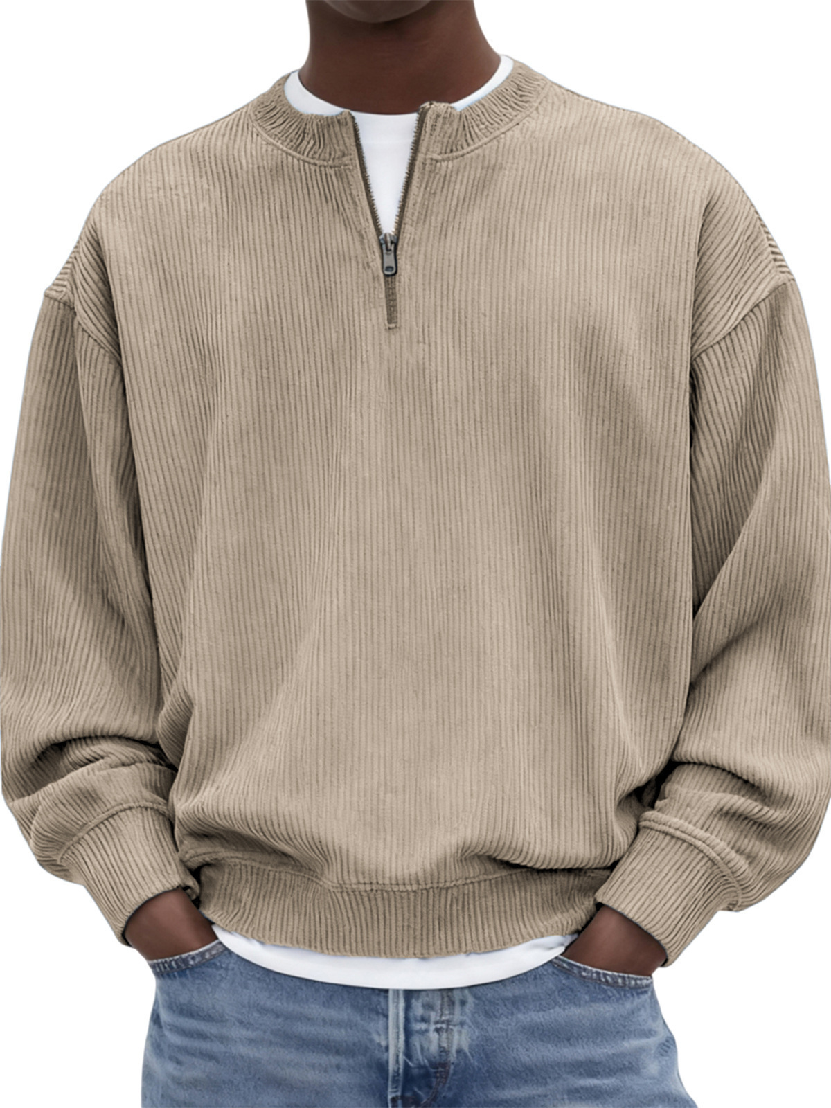 Casual Mens Long-sleeve Corduroy Top With A Stand-up Collar And A Half-zip