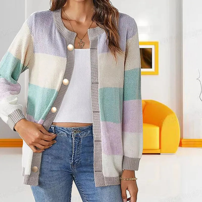 Women's Color Matching Temperament Crew Neck Loose Sweater Coat - Purple