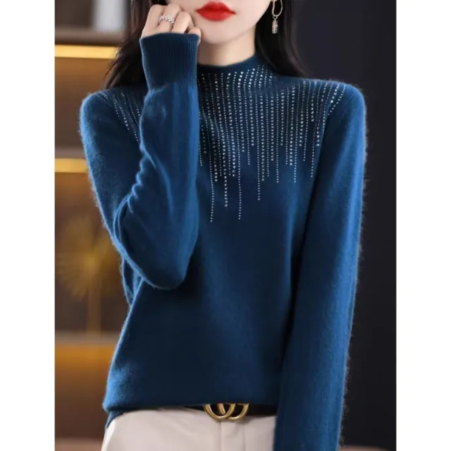 Women's Diamond embedded Half turtleneck Wool Sweater Bottoming Shirt Seaweed Blue - Shop at LoveMi