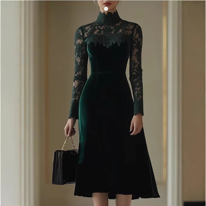 Vintage Velvet Stitched Lace High Neck Long Sleeve Midi Dress Green - Shop at LoveMi