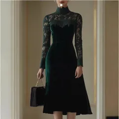 Vintage Velvet Stitched Lace High-Neck Long-Sleeve Midi Dress - Green - View 1