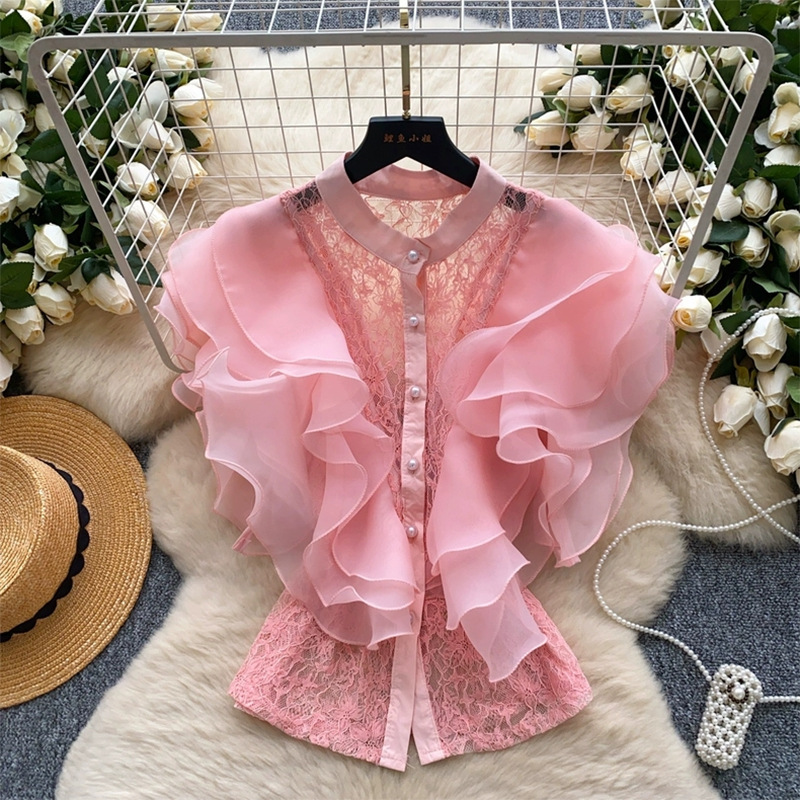 Socialite-style Mesh Top With Ruffled Lace Trim
