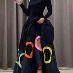 Elegant Women's A Line Maxi Dress With Long Sleeves Round - Black - View 1