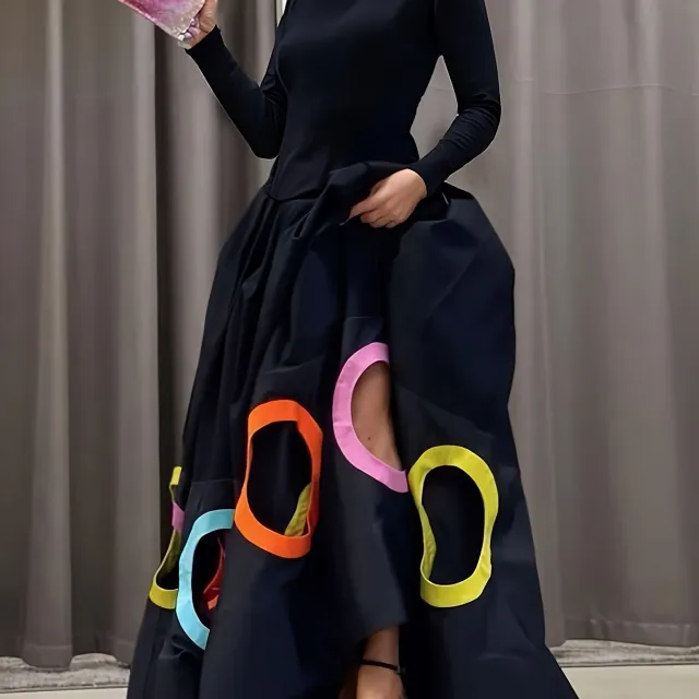 Elegant Women's A Line Maxi Dress With Long Sleeves Round Black - Shop at LoveMi