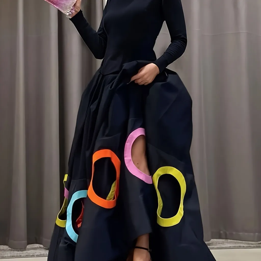 Elegant Women's A Line Maxi Dress With Long Sleeves Round - Black