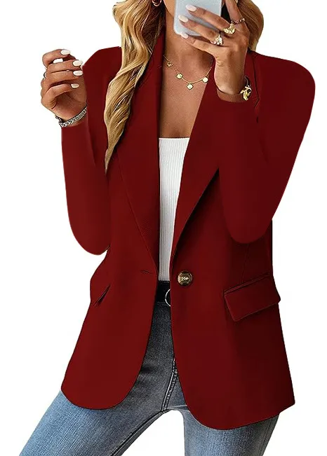 Ins Lapel Button Jacket Fashion Commuter Casual Suit Jacket Women's Long-sleeved Tops Outwear Clothing - Wine Red