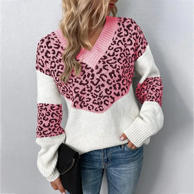Fur Rain V neck Pullover Contrast Color Leopard Print Sweater Pink - Shop at LoveMi