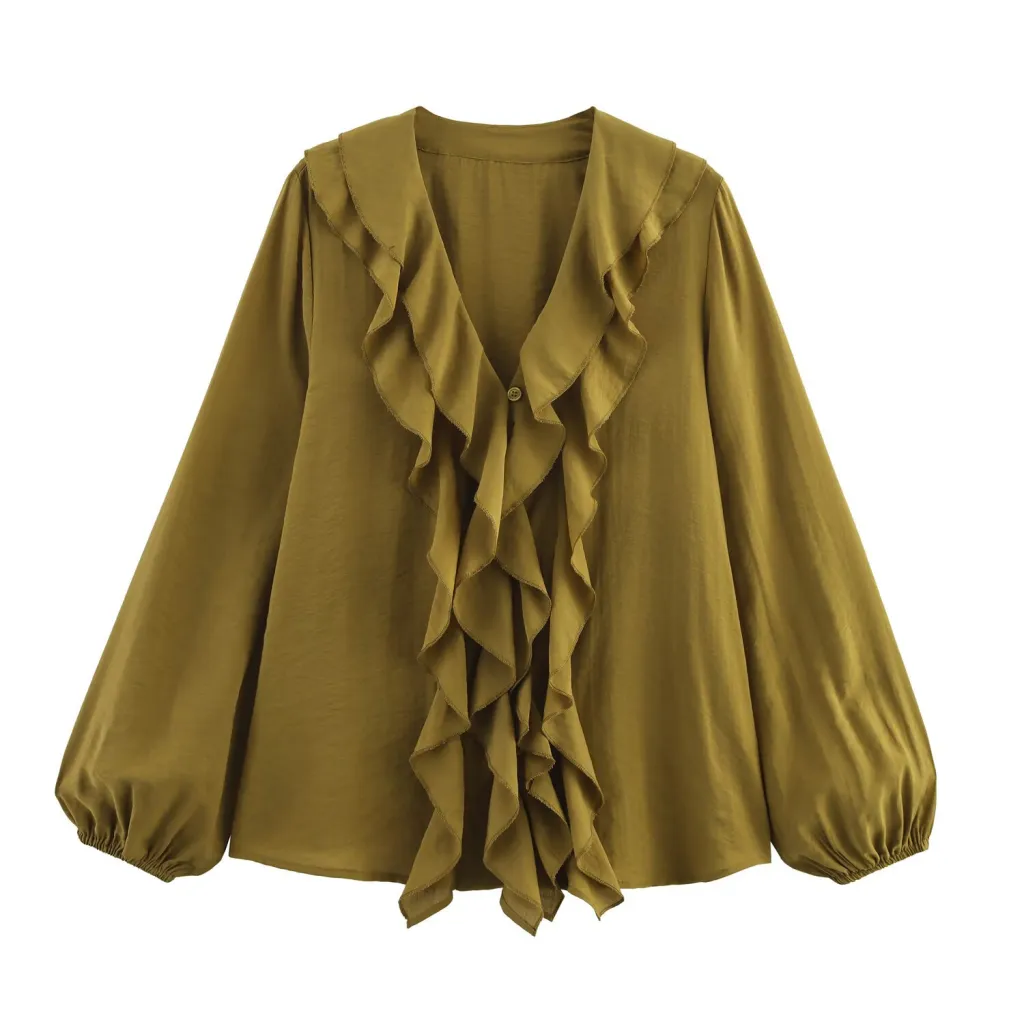Summer Laminated Decoration Long Sleeve Shirt Top - Olive