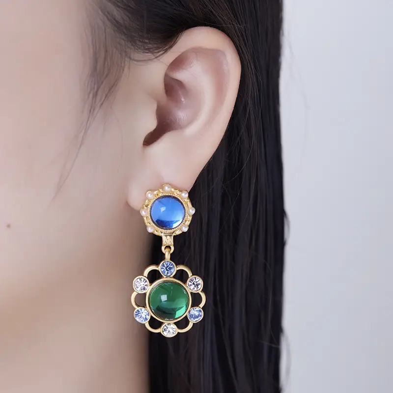 Antique Reproduction Lace Hollowed-Out Colorful Fringe Ear Studs