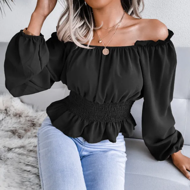 Female One Necked Off Shoulder Hem With Ruffled Edges Chiffon Sweater Black - Shop at LoveMi