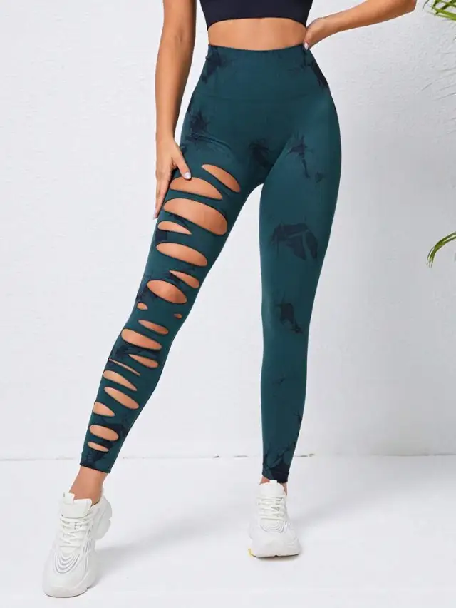 Hollow Tie dye Yoga Pants High Waist Hip Lift Fitness Pants Tie Dyed Dark Green - Shop at LoveMi