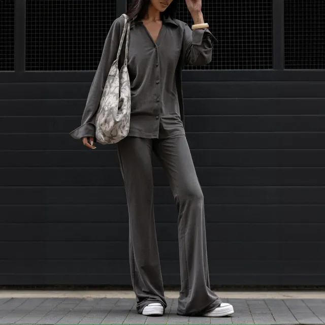 Long Sleeve Shirt And Pants Suit Women's Clothing Dark Gray - Shop at LoveMi