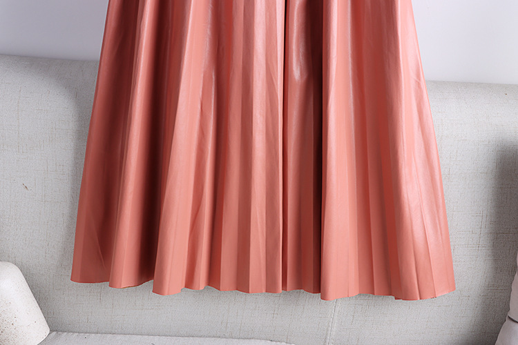 Solid Color Mid-length High Waist PU Leather Pleated Skirt For Women