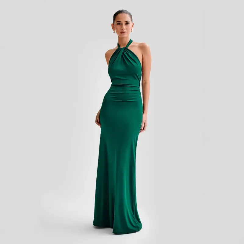 Ins Bodycon Halter Dress Sexy Backless Slim Fit Waist Slimming Maxi Dresses Prom Party Club Clothing For Women - Dark Green