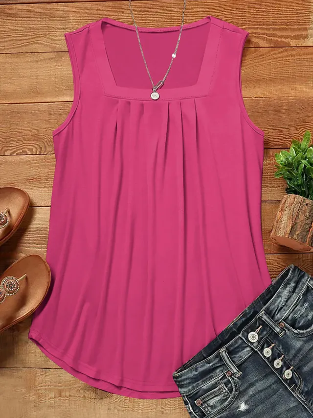 Solid Color Summer Loose Casual Pleated Square Collar Vest Top Rose - Shop at LoveMi
