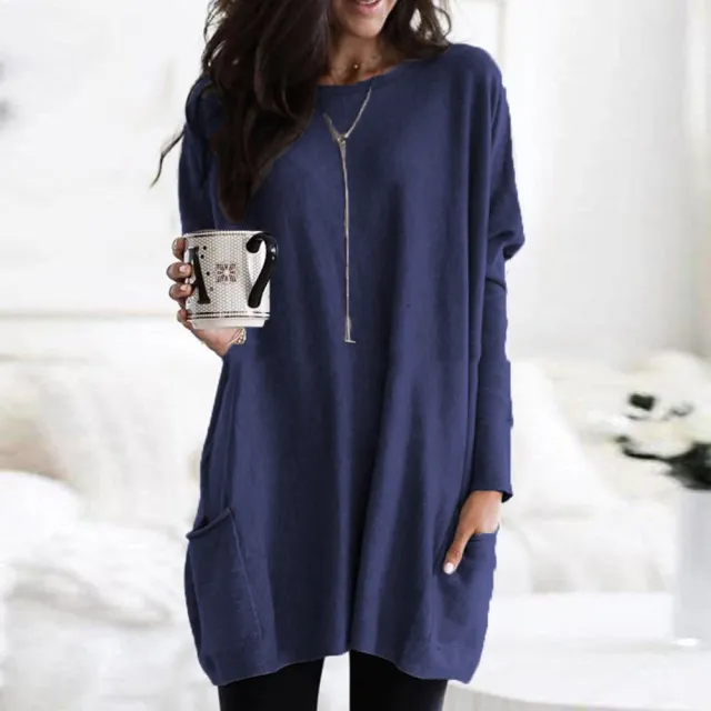 New Autumn Long Sleeve Casual Pocket T shirt Top For Women Purplish Blue - Shop at LoveMi