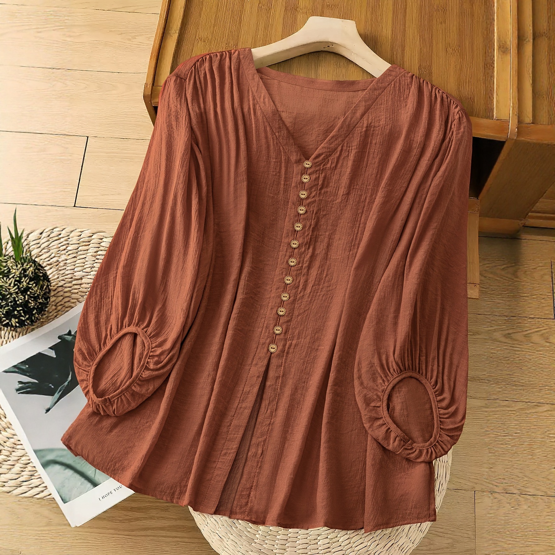 Womens SpringAutumn V-Neck Cotton-Linen Shirt With Loose