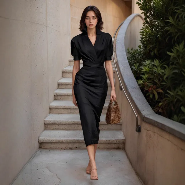 Elegant Solid color Short sleeved Belted A line Dress In A Classic French Style Black - Shop at LoveMi