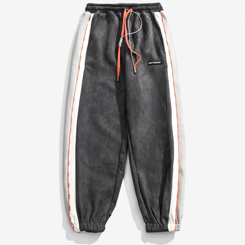 Patchwork Contrast Color Suede Drawstring Ankle-tied Loose Trousers