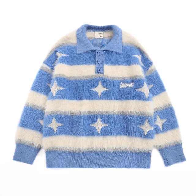 American style Vintage Fleece lined Striped XINGX Lapel Sweater Blue - Shop at LoveMi
