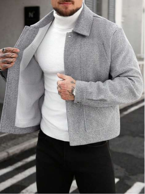 Men's Relaxed-Fit Button-Front Jacket - grey front view with collar and lining visible