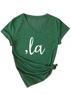 Letter V-neck T-shirt Simple Women - 3812 Retro Green And White - View 1