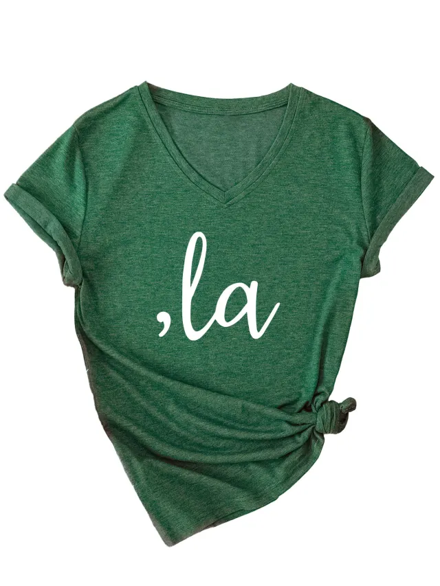 Letter V neck T shirt Simple Women 3812 Retro Green And White - Shop at LoveMi