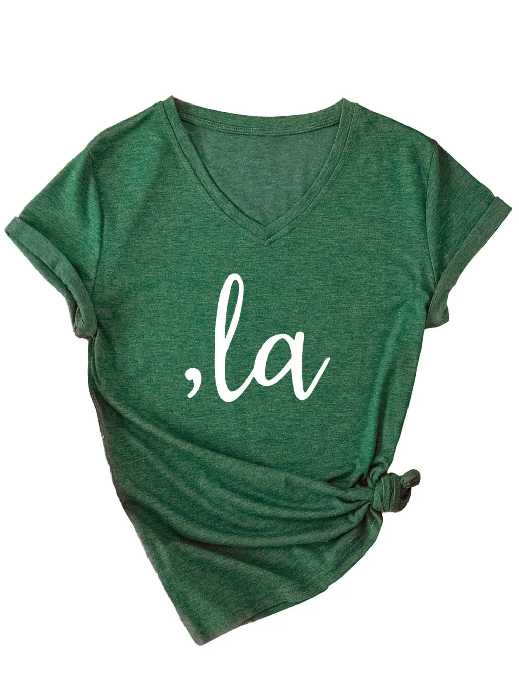 Letter V-neck T-shirt Simple Women - 3812 Retro Green And White