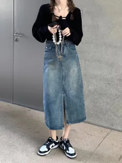 High Waist Slit Denim Skirt Sheath Mid-length Skirt - Blue - View 1