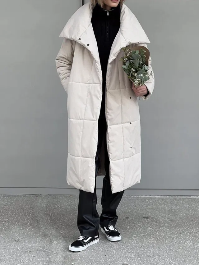 European And American Loose Leisure Warm Long Stand up Collar Cotton Coat Jacket Beige - Shop at LoveMi