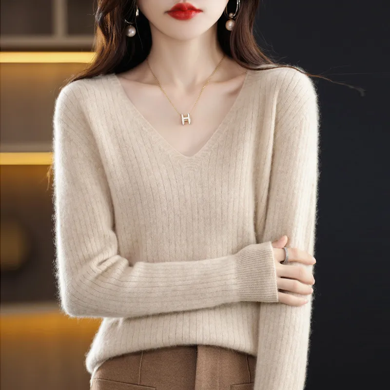 Women's Knitwear V-neck Pullover Base Drawstring Plus Size Short Sweater - Beige