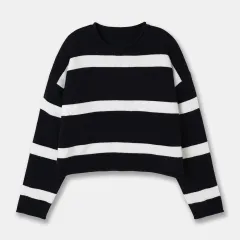 Wool Striped Sweater Curly Embroidered Striped Sweater Leisure Style Round Neck Casual Top Women - Black - View 1