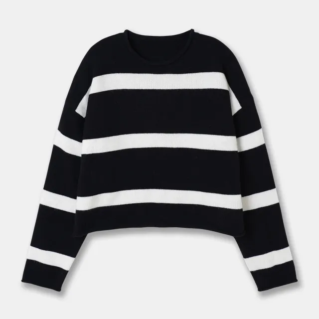 Wool Striped Sweater Curly Embroidered Striped Sweater Leisure Style Round Neck Casual Top Women Black - Shop at LoveMi