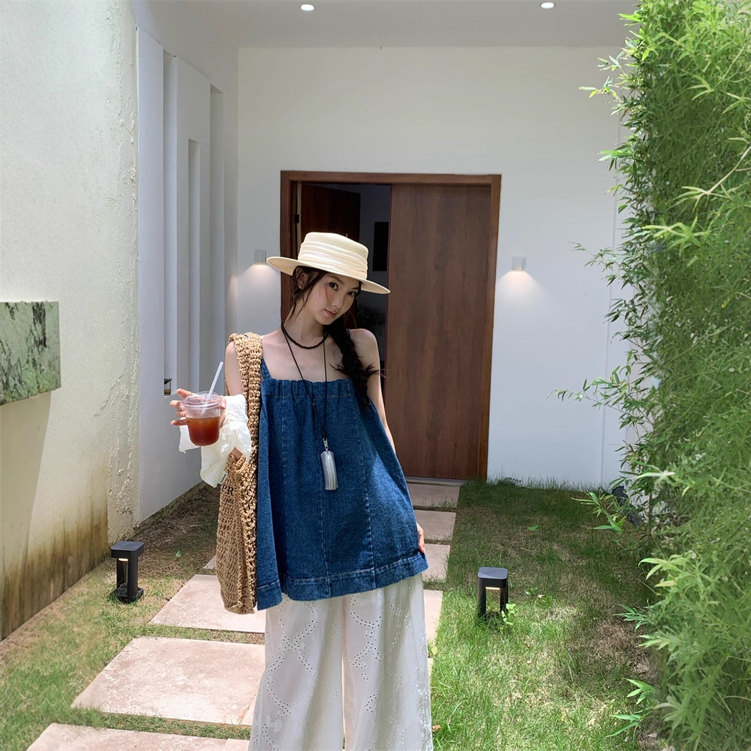 Denim Top Loose All-match Lace Wide Leg Pants Fashion Suit