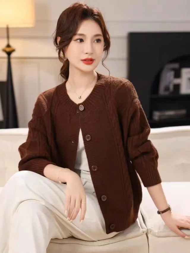 Women's Round Neck Knitted Sweater Brown - Shop at LoveMi
